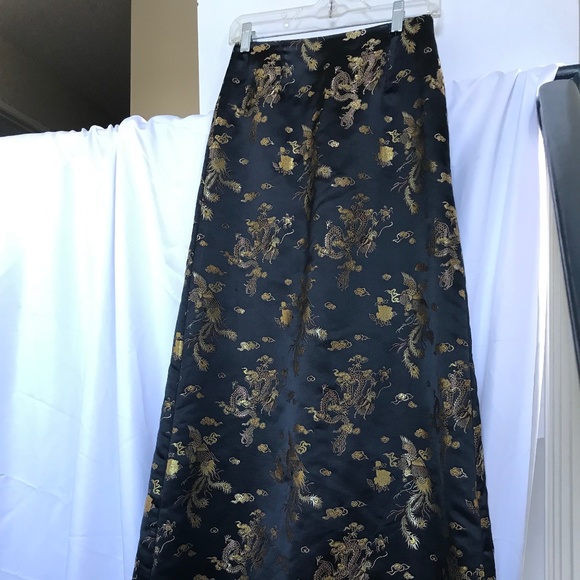 Golden Dragon on Black Satin long skirt EUC small - Picture 1 of 8